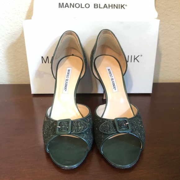 Manolo Blahnik Shoes - Manolo Blahnik Green Tweed Buckle Heels